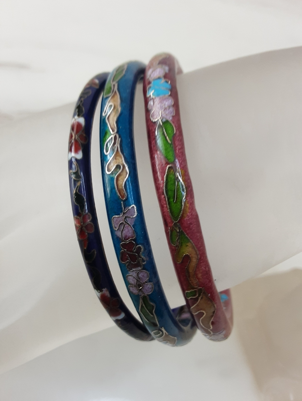 Asian Enamel Floral Cloisonné Bangle Set - Teal | Blue | Red